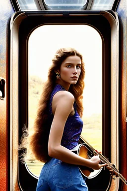 profile of a long haired woman carrying her guitar case over her shoulder standing at the front window of a train looking out at the tracks tracks. sharp focus, hyper-realistic, country -western, masterpiece, museum quality, pretty face, emotional, symmetrical features, Fibonacci golden ratio