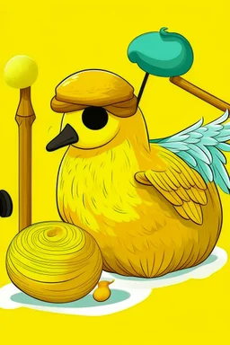 A fluf yellow ball with wings, a pipe, a graduation hay, and a bread.