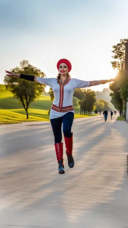 A full-body shot of azeri lady,long red boots ,tight blue pants ,a hat on head