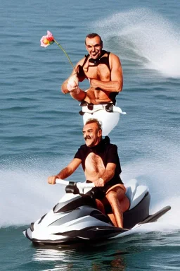 Photo of Sean Connery in a kilt riding a jet ski with a rose in his mouth