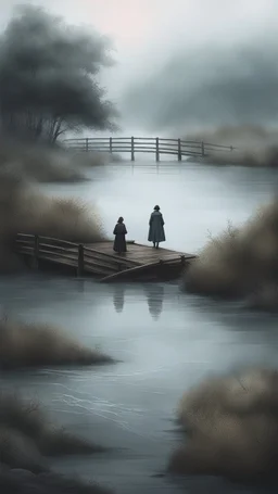 By Sergiо. Style by Greg Rudkowski. Thick white milky dense fog on a deserted beach with lonely bushes.flooded raged water . 2 women and a child In the stormy wether in the water a bridge is falling in the river Bruegel painting style, fine line draw