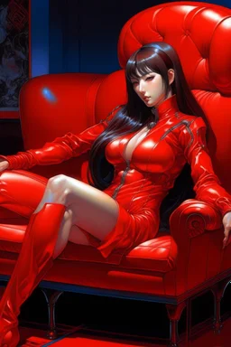 A digital illustration by Kuniyoshi and Hajime Sorayama of a beautiful gynoid sitting in a red couch.