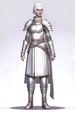 full length, tall, gangly, 22-year old, short haired, nordic looking grey-eyed female human cleric wearing scale mail