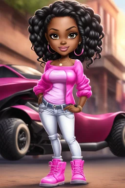 Create a digital airbrush cartoon of a curvy African American chibi female wearing tight white jeans and a off the shoulder hot pink blouse. She is also wearing timberland boots. Prominent make up with hazel eyes. Highly detailed very long extremely braids of black hair. Her skin is smooth and silky. Background of a track of ATV riders.
