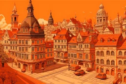 An orange colored suburban town with different shaped buildings in Baroque art style