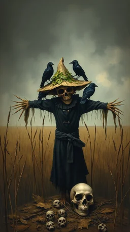 Bosch painting style nightmare with scarecrow wearing a leaves hat and black clothes in surrendered by field of barely , crows are standing on his shoulders and a skull on the ground