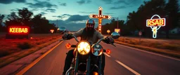 The kebab man driving fast on his motorcycle, fire from the exhaust, widescreen picture, empty road on the country at night, comic style, no helmet and he have a long black beard, neon kebab signs along the road, jesus at his cross