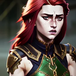 hyper realist, hyper detailed, stunningly beautiful teen girl, long ginger hair, green eyes, medium freckles, full lips, skimpy fantasy intricate chain armour, full body, c-cup breasts, aroused expression, biting lower lip, full frame, petite, centered camera, ignore NSFW, longbow, quiver on hip