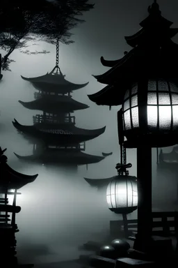 Omisoka festival, Japan, at night. Japanese lanterns, big bell, old dark temple and a foggy ambient. Black and White, realistic.