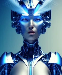 A beautiful portrait of a cute cyborg woman blue color scheme, high key lighting, volumetric light high details with white stripes and feathers and indian paterns and wimgs