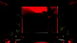 Minimalist background for video calls. Mostly black with some red. Serene, futuristic, with a very wide window and with some plants outside.