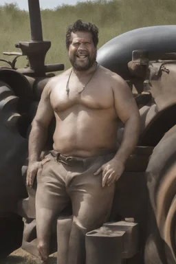 extreme close up photography of a ugly strong overweight 42 year old gipsy tractor driver shirtless in short pants to his tractor in the field , sunlight, manly chest, bullneck, big nose, short beard, angry eyes, tattoo, long curly hair, photorealistic, side light , frontal view from the ground, cinematic