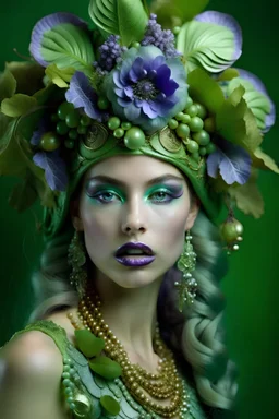 Beautiful young woman portrait adorned with lime fruit and minth leaves and lilac flower headdress baroque headdress, ribbed with minth green and lilac colour gradient mineral stone baroque beads wearing minth green ad lilac colour baroque stume ribbed with embossed minth leaves florals and floral Golden filigree costume and half face baroque masque organic bio spinal ribbed detail of baroque background extremely detailed hyperrealistic maximálist concept portrait art