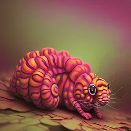 Fuzzy cute psychedelic caterpillar sitting on a forest floor mushroom, hyper realistic. psychedelic, baroque, photorealistic