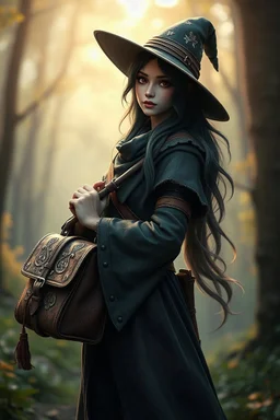 Ghibli movie. gerhart, guweiz. portrait of a beautiful witch holding a satchel, dynamic pose, galactic creature, hunter, forest background, fantasy, ghibli. using natural light to highlight weathered textures. with an emphasis on expression and mood. bokeh, Ultra-detailed Quality 3D, 3d render octane, Unreal engine 5 effects, VFX, Isometric, Made in blender, 8k sharp focus, cinematic, ultrahd, highly detailed, ultra photorealism fantasy