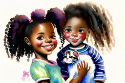 A cute smiling Afro-American girl is holding a kitten. Watercolour