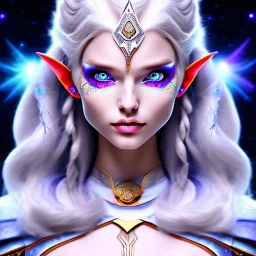 cosmic mage, elf, female, battle mage, cosmic sword, epic, cosmic magic, staff, long ears, white hair, face details, odd-eyes, pale skin, detailed eyes, jewellery, broad shoulders