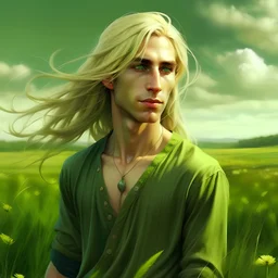 skinny gentle male, soft facial features, long blonde hair, green tunic, on a field, drawn