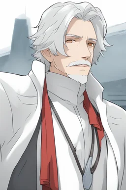 Middle aged man shoulder length messy white hair, sapphire eyes, light facial hair, wearing a white turtleneck cardigan, red scarf around neck, slate gray slacks, classroom background, RWBY animation style