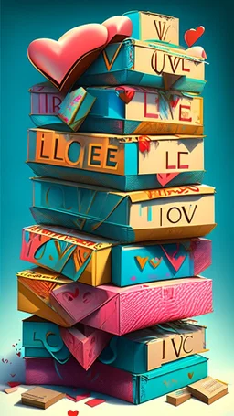 Stacked boxes stuffed with overflowing love letters, realistic, professional, art, detailed, vibrant colors.