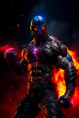 fire, lightning, wind, rain, volcanic lava, fireworks, explosions, multicolored neon lights, outer space background -- an extremely muscular man wearing a black, bandit eye mask, a black, skintight, formfitting cowl, a black, skintight, formfitting kevlar bodysuit, black gloves, silver wrist gauntlets, silver belt, silver knee-high boots, silver lightning emblem on the chest, with cobalt blue eyes, a mustache and goatee,