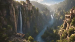 a steep, narrow, 3.000 feet tall valley. multiple waterfalls falling into the middle of a medieval european city. The city is at the bottom of the ravine. a masterpiece, fantasy concept art, dynamic lighting, hyperdetailed, intricately detailed, deep color, Unreal Engine, volumetric lighting, Epic cinematic brilliant stunning intricate meticulously detailed dramatic atmospheric maximalist digital matte painting