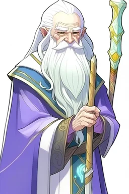 a drawing of a wizard holding a wand, by Kanbun Master, reddit, hurufiyya, he is a long boi ”, dwarf with white hair, discord profile picture, semi realistic