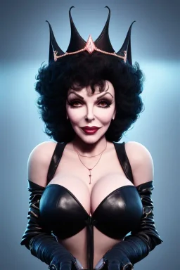 Joan Collins as evil queen in black leather, leather, busty, cleavage, angry, stern look. character design by cory loftis, fenghua zhong, ryohei hase, ismail inceoglu and ruan jia. unreal engine 5, artistic lighting, highly detailed, photorealistic, fantasy