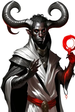 En Young male black skin black hair tiefling Wizard with large horns fra dnd. a book with Arcane Magic floating in front of him. in a silver and White Rope and a silver cloak. His horn a perfectly place on acet from the front to the back pointing upwards with glowing Red cat Eyes. His close is elegant get simple. Casting and ice spell