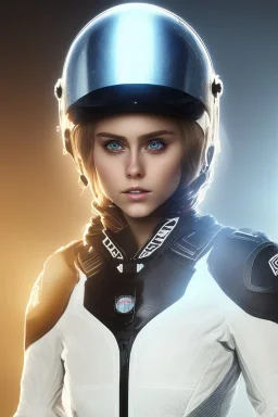 Black racing suit AnnaSophia Robb, portrait, bright eyes, wearing high tech racing helmet, white smoke, dark, rage, sorrow, high definition, ultra 8 k, volumetric lighting, blue fire, fog