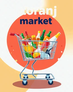 A beautiful design with a shopping cart in the middle filled with supermarket products on an orange, red, and white background and a special, amazing, and eye-catching design with the words (toranj plus market) at the top of the image as a logo.