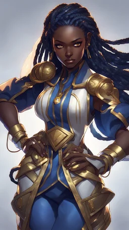 sci-fi, arcane animation series style, league of legends, Solo, 1girl, attractive female with freckles, african, dark skin, golden eyes, dark hair, hundreds of thin braids, earrings, makeup, (detailed skin texture), white and indigo-blue suit