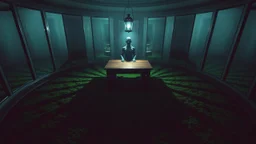 A circular room with walls covered in non-reflective mirrors, a large wooden desk placed on a thick carpet of vibrant green moss, a humanoid entity standing in the center of the room with an ornate antique lantern as its head emitting a soft bluish glow, elongated shadows stretching across the floor and walls, dim ambient lighting with a faint mist lingering in the air, shot from a low-angle perspective looking upward toward the lantern-headed entity.