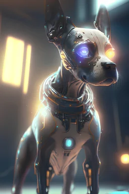 Cyborg alien dog,high-key cut unreal engine, volumetric, warm indoor lighting, detailed, digital painting, cinematic, character design