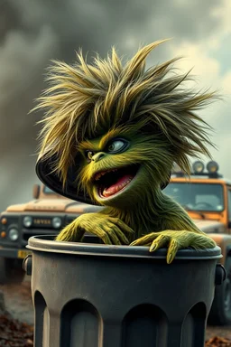 Oscar the Grouch SESEME ST CHARACTER IN LARGE GARBAGE TRASH BIN,GARBAGE TRASH BIN, side profile, "GARBAGE TRASH BIN IN FRONT" man in super blackscary (((((autofarm)))))) in movie poster moviestyle horror look. as five headed mouth open, rough teeth, turn head around, landrover crash in background(&*&*^%$^#%$#%$^%$#^#$#^%#$^$#