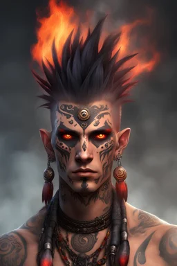 fantasy character, human shaman, male, late twenties, lots of face piercings, ear plugs piercings, face markings, tribal tattoes, short mohawk hair, fire-red eyes, digital art