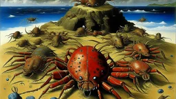 A tan prehistoric island with crabs designed in African pottery painted by Max Ernst