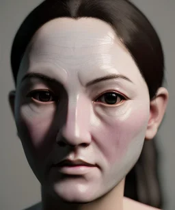 Simetric Realistic image portrait. Sweet woman head traditional japanese porcelain mask. Smooth. Dark ambient. Cold. God light. 4k resolution, intricate details, ornate details, soft lighting, unreal engine 5.