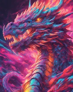 Close up shot, Dragon in a vibrant synthwave dreamscape, neon chaos swirling energetically around pixelated forms, a dynamic fusion of retro gaming nostalgia and futuristic abstraction