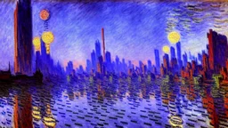 Fantasy cyberpunk world, claude monet painting