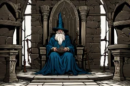 Interior of castle, wizard sits on throne