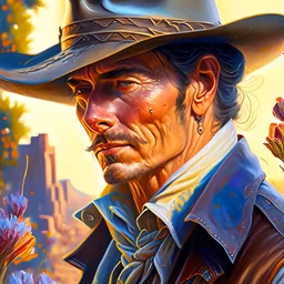 closeup portrait shot of a western cowboy in a scenic western environment, intricate, elegant, highly detailed, centered, digital painting, artstation, concept art, smooth, sharp focus, illustration, artgerm, tomasz alen kopera, peter mohrbacher, donato giancola, joseph christian leyendecker, wlop, boris vallejo Modifiers: dynamic lighting fantastic view cinematic postprocessing