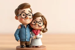 Create a cute premium 3D animated collectible figurine scene of the uploaded couple, using their photo only as the identity reference. Turn them into an adorable husband and wife standing close together on a small round display base. Preserve their recognizable age, facial features, hairstyle, glasses if present, skin tone, and warm loving expressions, but render them in a soft Pixar-style/clay-toy figurine look. The man stands on the left with a gentle smile, one arm lovingly around the woman's