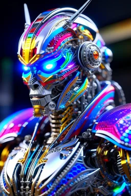 super robot with elements of Rydeen, colorful outfit, Cinematic Lighting, fantasy, sharp focus, studio photo, intricate details, highly detailed, 8K, ultra realistic, super realistic, glitter diamonds, bright color, jeweled skin, crystals, sapphires, ornate, white, translucent, silver, intricate and character portrait, perfect anatomy,