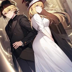 anime couple is standing back to back, female is wearing a flowing white dress, female is short, female has long blonde hair, male is tall, male is wearing black coat, hat and has dark brown hair