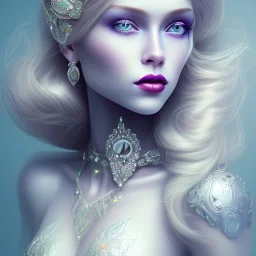 a princess with a lot of jewellery, long blonde hair, purple lipstick, blue eyes,with feather dramatic, dramatic lighting, pixar style, volumetric lighting, hyperrealism, 8k, high quality, photorealistic, lot of details