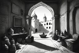 generate an image dark room in Omani old castle like a sketch draw minimal style black and white pencil style, a lot of items around.