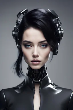 robot in the image of a beautiful woman in a black suit black hair