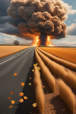 top right corner is a nuclear explosion cloud, top of explosion looks like a autumn tree full of leaves, add leaves falling everywhere in foreground, bottom 2/3 is a road through a wheat field, a wind is blowing away from the tree. a commercial building is on the middle left