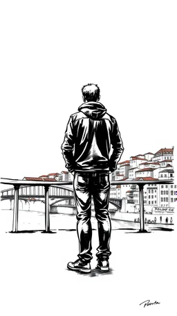 a man standing on Porto bridge, ink drawing style